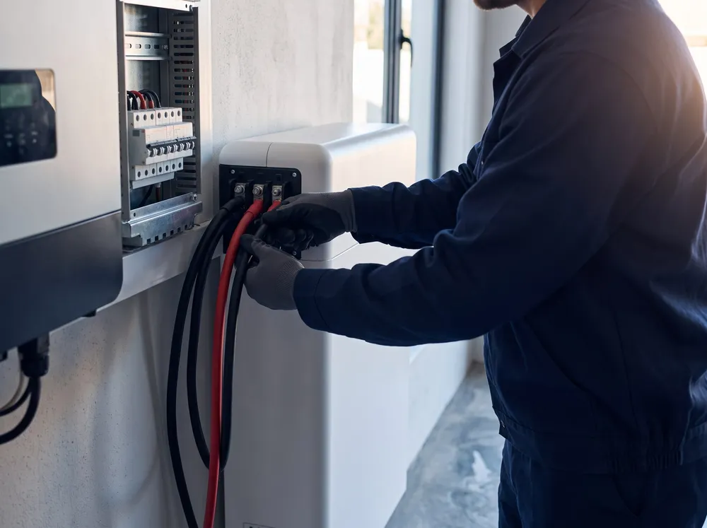 Electricista conectando el cableado de una batería doméstica de litio junto al inversor