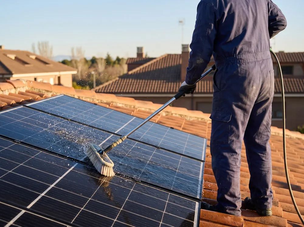 Técnico limpiando paneles solares con cepillo de mango largo y agua desmineralizada