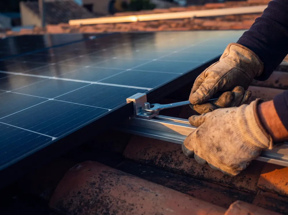 Manos enguantadas apretando una abrazadera de aluminio que fija un panel solar al raíl