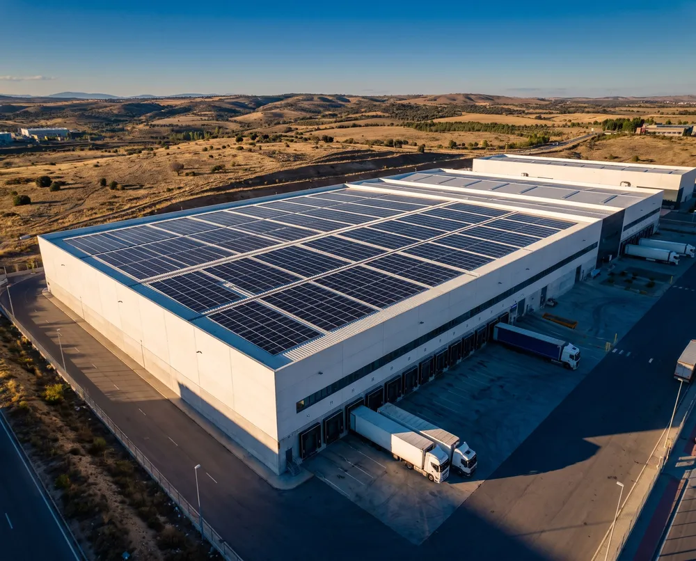Nave industrial con la cubierta cubierta de paneles solares vista desde el aire