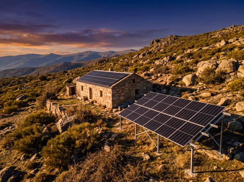 Casa de piedra aislada en la sierra con paneles solares en cubierta y suelo