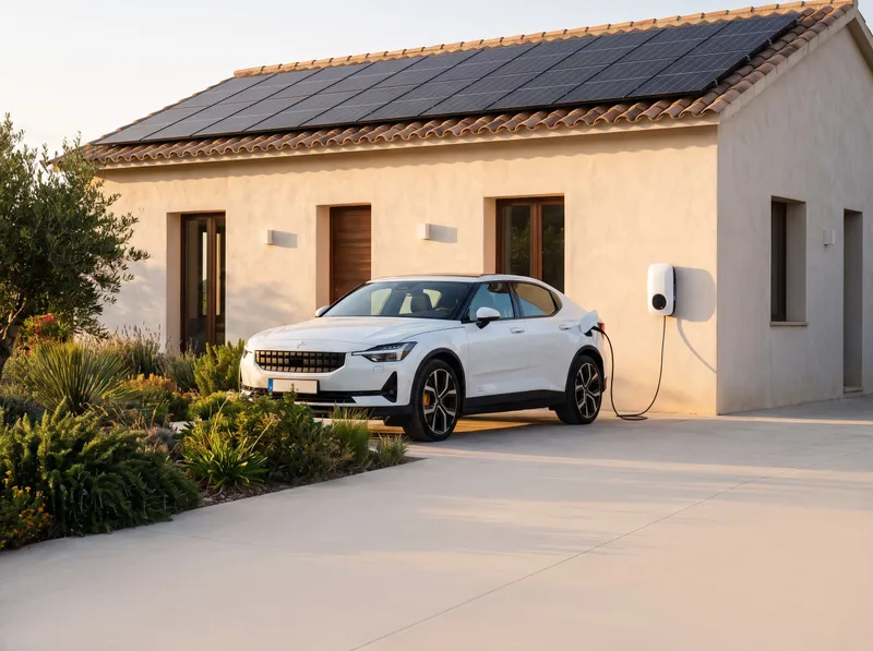 Coche eléctrico cargando en la entrada de un chalet con placas solares en el tejado
