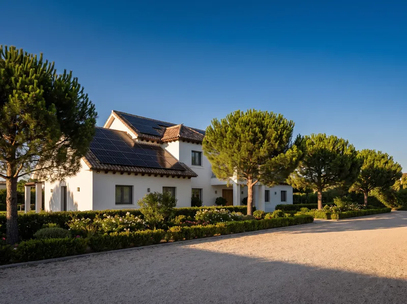 Chalet unifamiliar de dos plantas con paneles solares en la cubierta