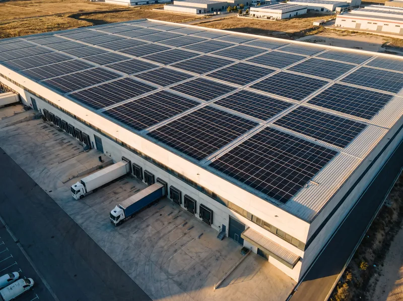 Nave logística con la cubierta completa cubierta de paneles solares