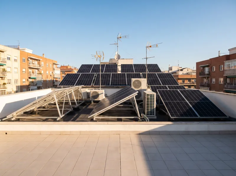 Paneles solares sobre estructuras inclinadas en la azotea comunitaria de un edificio