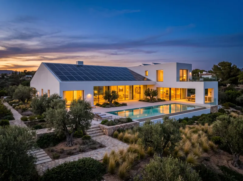 Villa contemporánea con paneles solares en la cubierta plana y piscina al atardecer