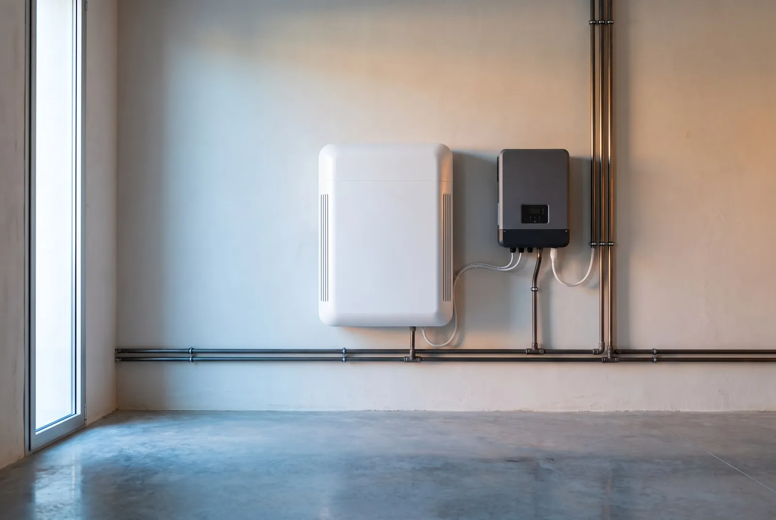 Batería doméstica de litio e inversor híbrido instalados en la pared de un cuarto técnico