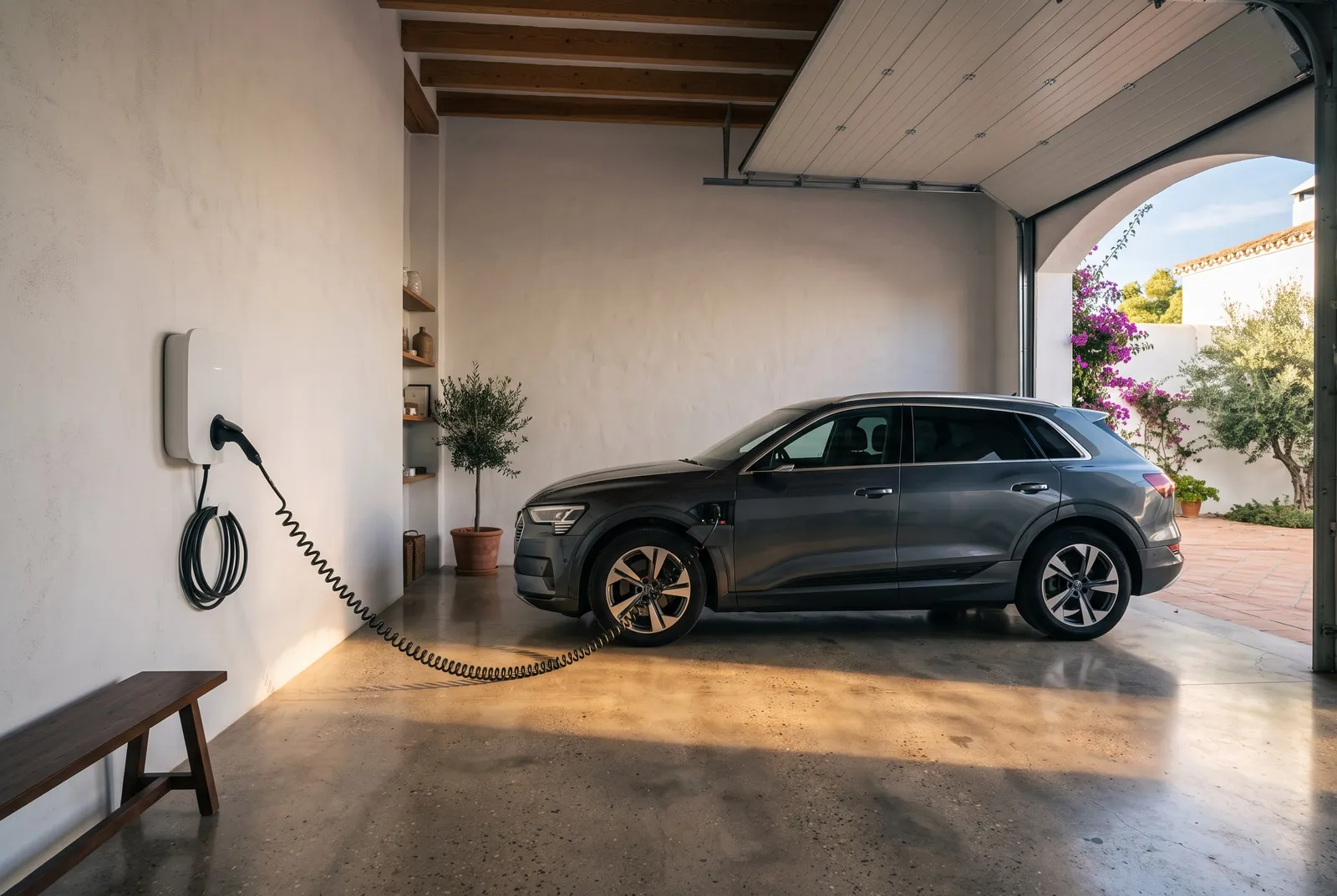 Punto de recarga de pared en un garaje conectado a un coche eléctrico