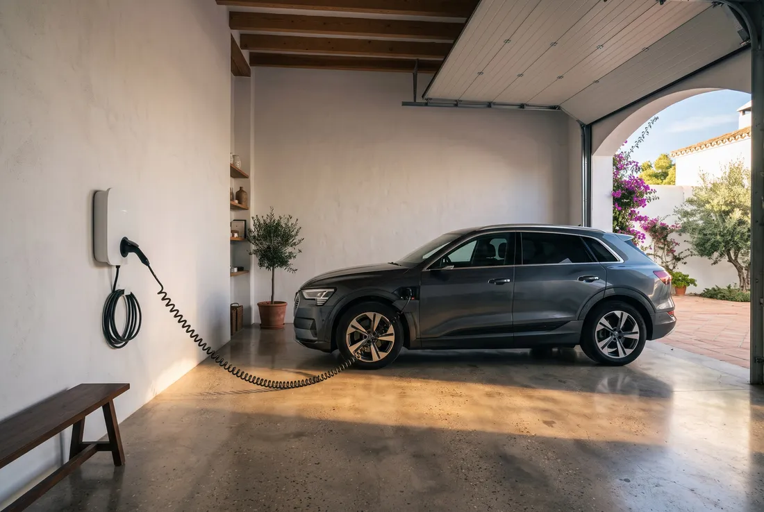 Punto de recarga de pared en un garaje conectado a un coche eléctrico