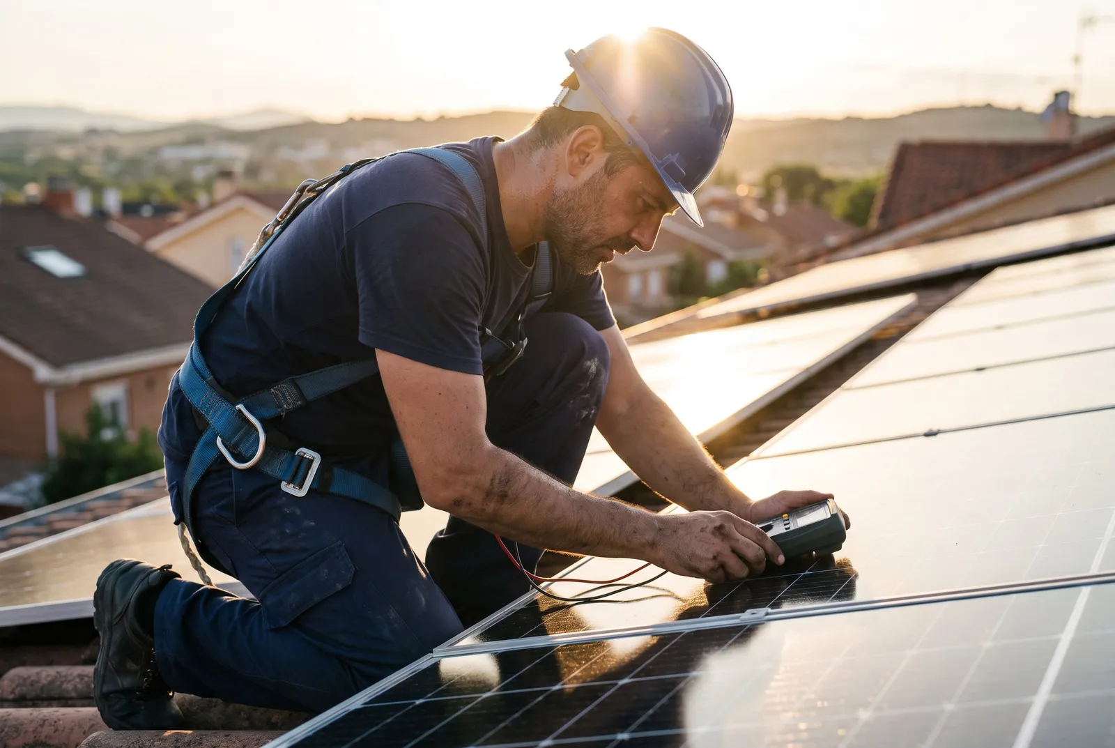 Técnico revisando con un multímetro los paneles solares de una cubierta residencial