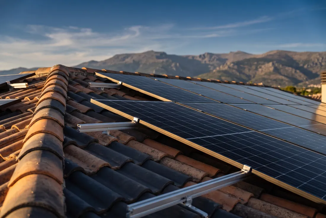 Paneles solares negros instalados sobre la cubierta de teja de un chalet en Madrid